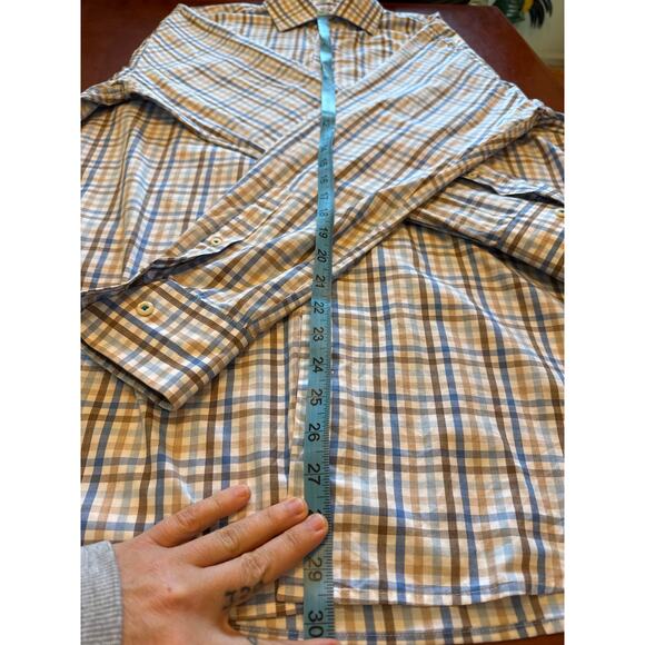 Peter Millar Dress Shirt L Blue Brown Plaid Cotton Long Sleeve Button Down - Picture 5 of 8